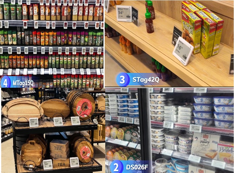 Electronic shelf labels of different sizes shown side by side